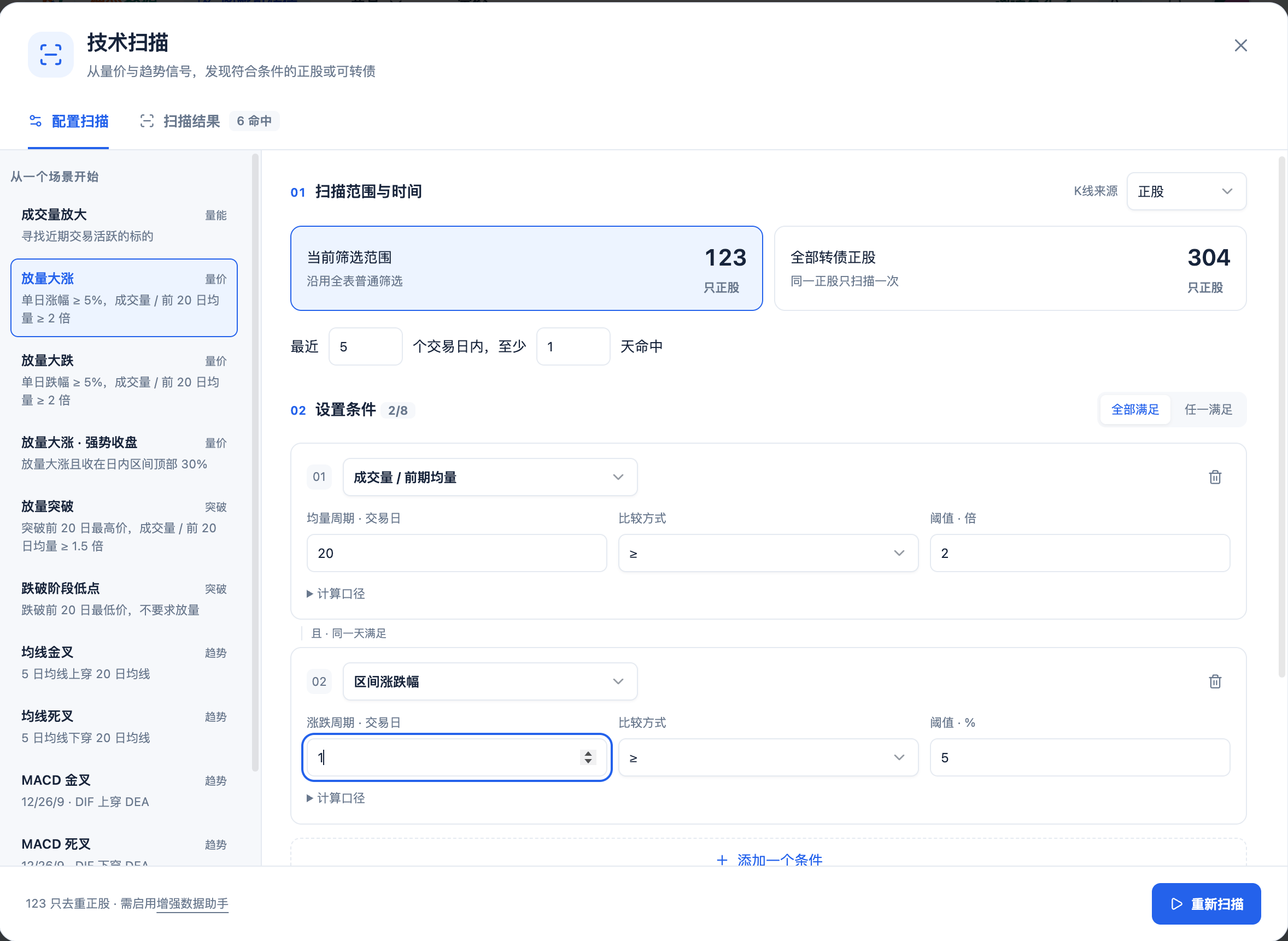 技术扫描配置界面:选择扫描范围、交易日窗口和技术条件